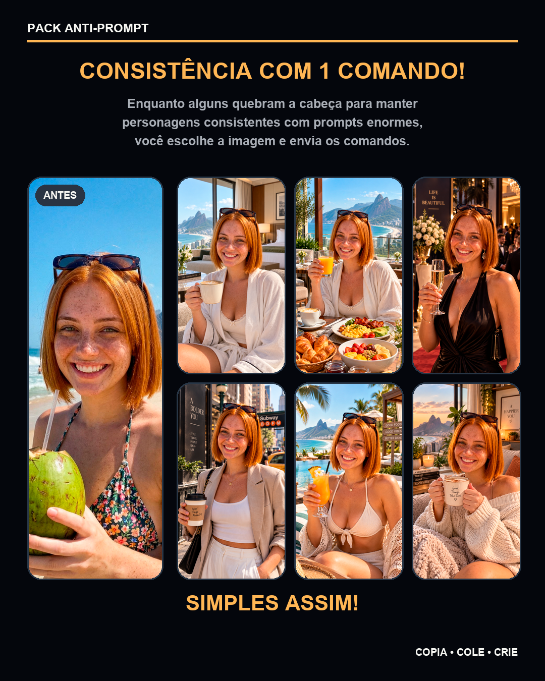 Demonstração de consistência da mesma personagem em diferentes cenários